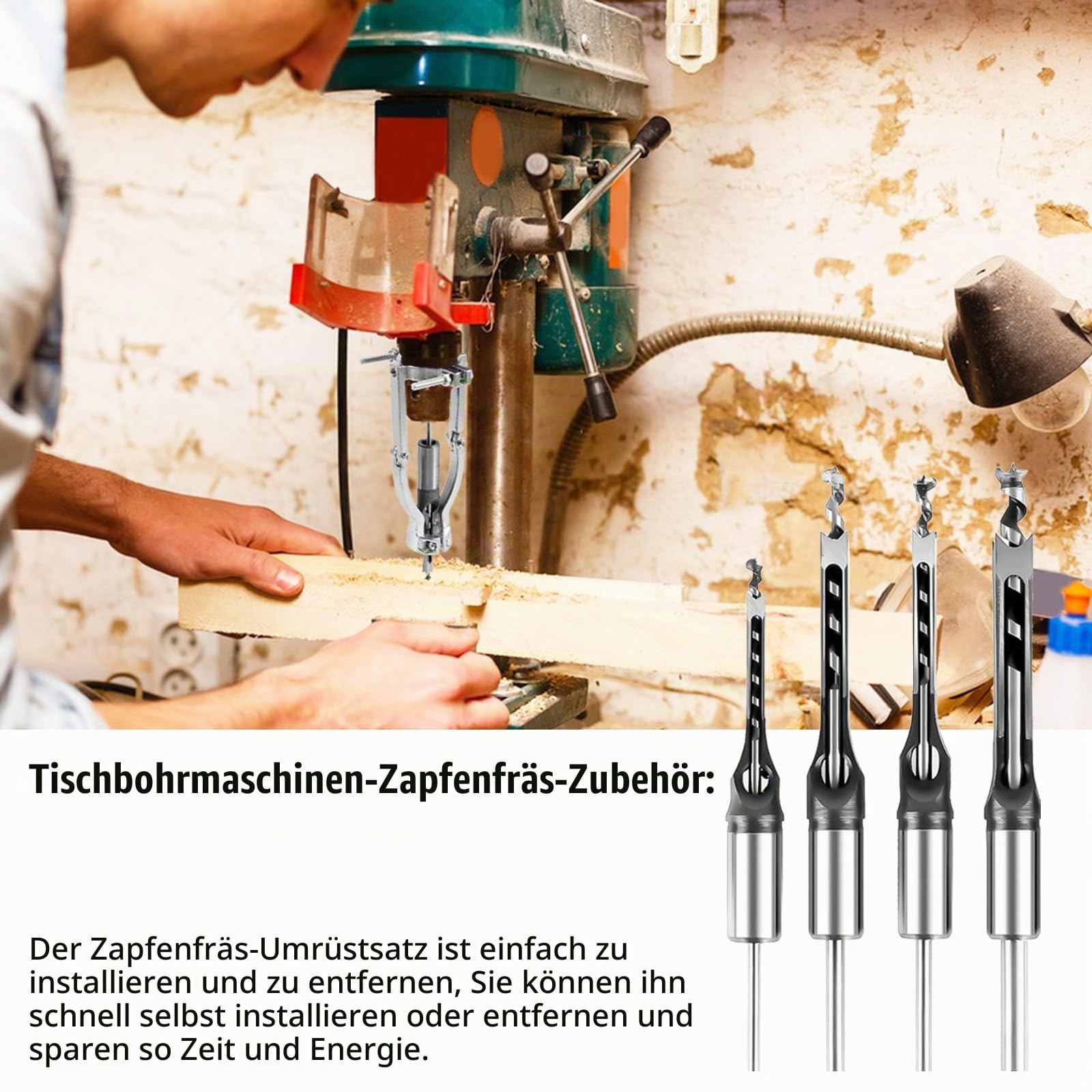 Vierkantbohrer, Ständer für Bohrmaschine mit 4 Vierkantlochbohrer 6,4/8/9,5/12,7 mm Vierkantbohrer Festhalter für Tischbohrmaschine und Handbohrmaschine Square Hole Drill Bit Sets 38-55mm