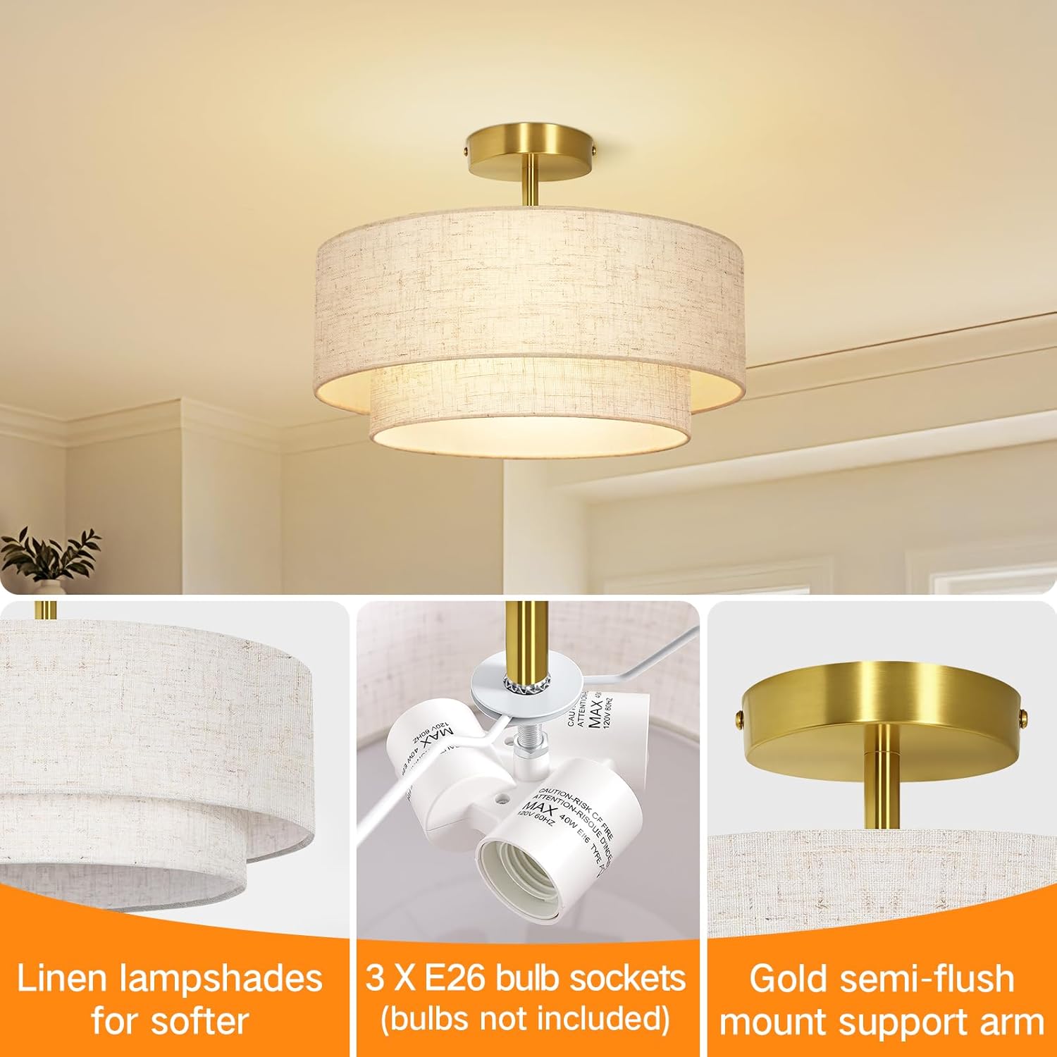 OUTON 16" Semi Flush Mount Ceiling Light Double Drum Gold 3-Light, Modern Linen Fabric Shade Ceiling Light Fixture for Living Room, Bedroom, Kitchen, Dining Room, Hallway and Entryway