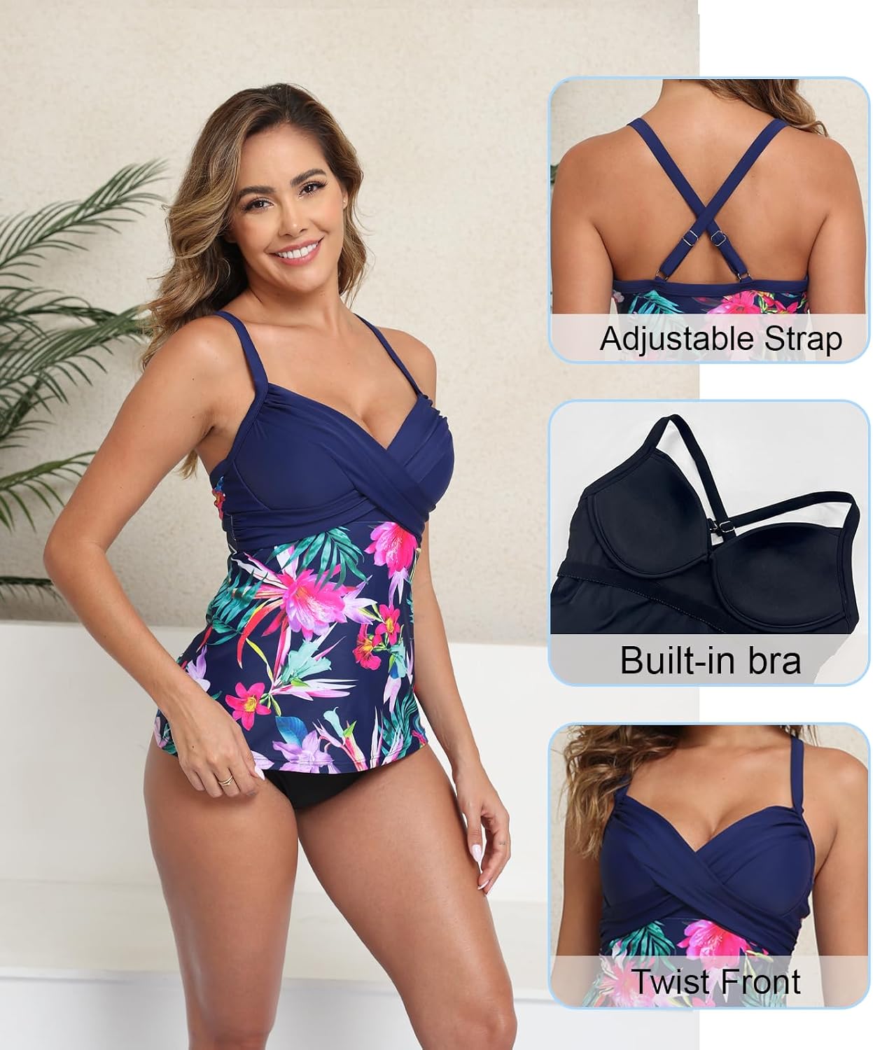 Halcurt Women's Twist Front Tankini Swim Top Only V Neck Loose Fit Bathing Suit Push Up Swimsuit Top