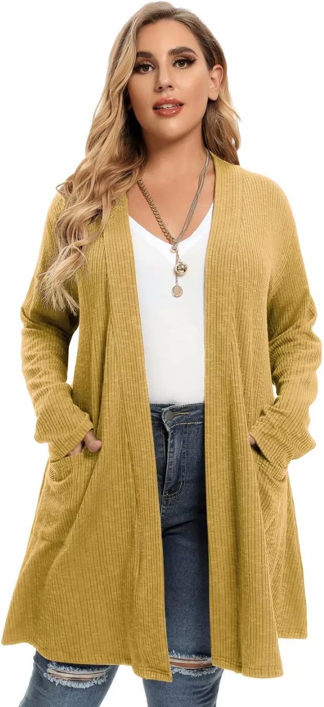 LARACE Open Front Knit Cardigan Sweaters for Women Plus Size Long Sleeve Tops with Pockets Lightweight for Winter