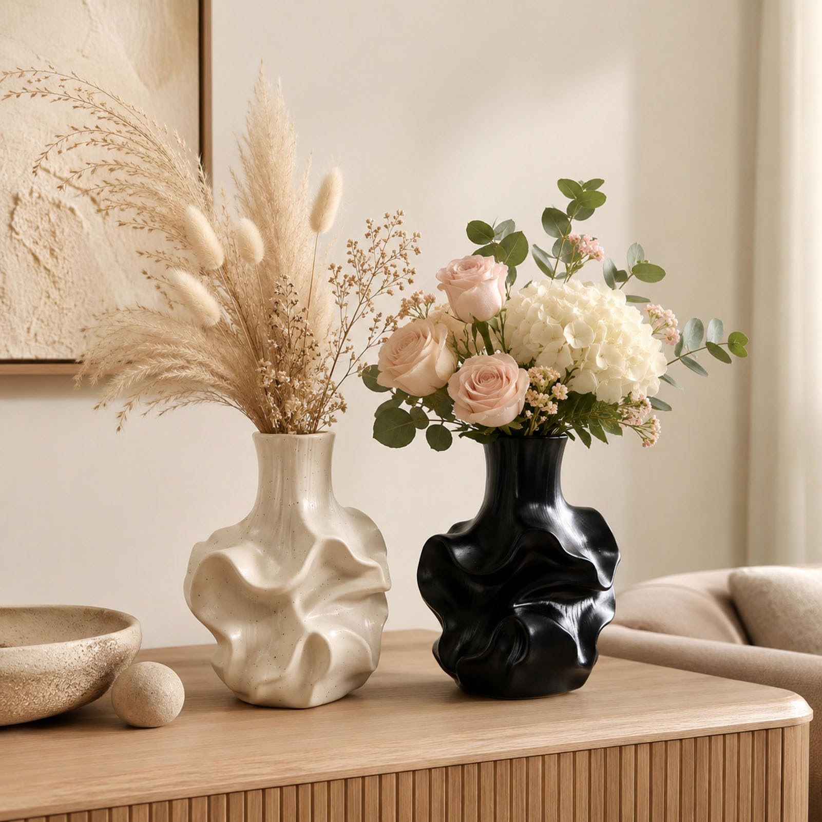 Moderne Kunstharz Vase für Pampasgras Trockenblumen und Wohndeko | Wohnzimmer Schlafzimmer Büro Esstisch Regal Kaminsims Tischdeko Zweige Kunstblumen Dekoobjekt Minimalistisch Skulptural