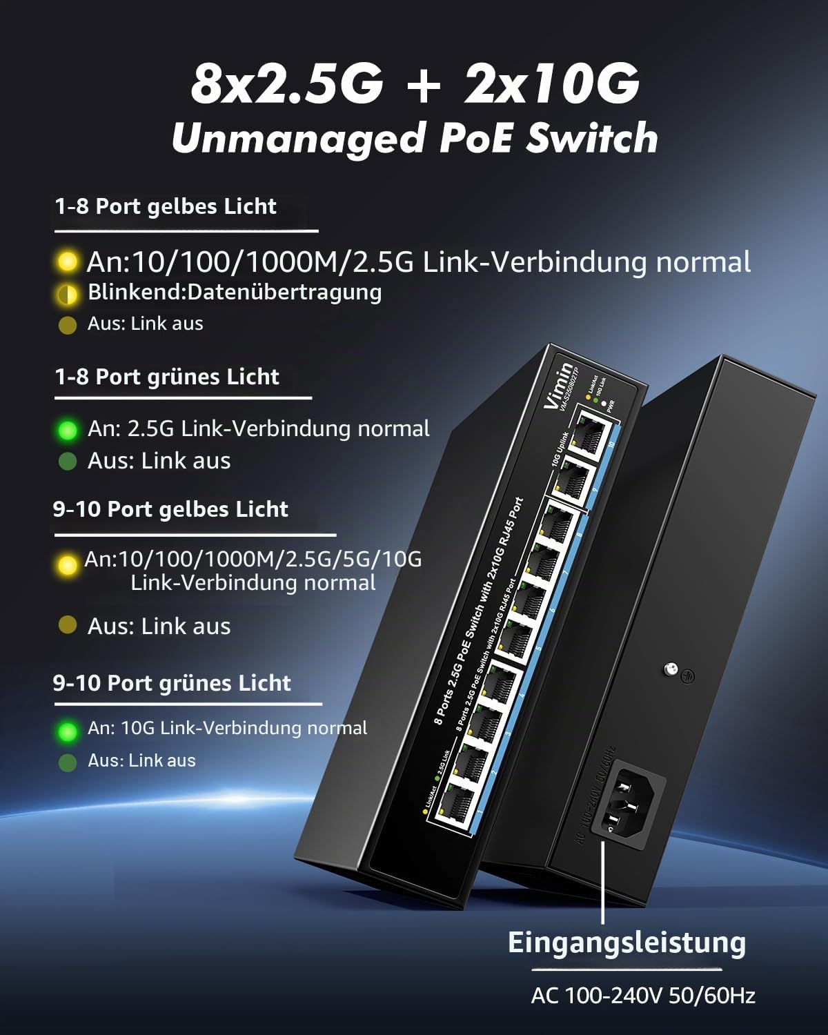 8 Ports 2,5G PoE+ Switch | 2 x 10G Uplink RJ45 Switch | 80 Gbit/s Switching-Kapazität | Plug & Play Nicht verwaltet | IEEE 802.3af/at-konform | 150 W PoE Switch für 2.5G netzwerke und PoE-Geräte