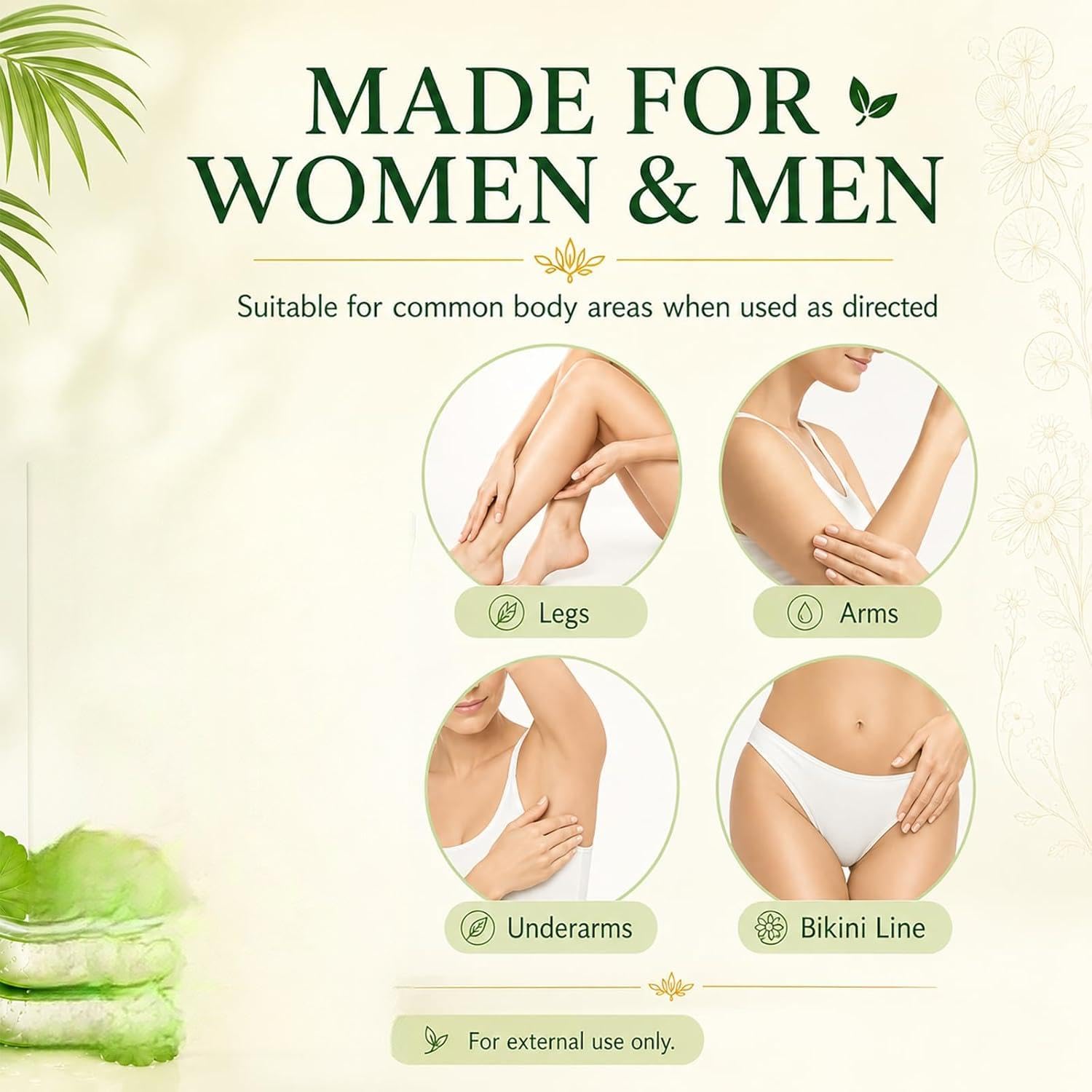Crema depilatoria natural, apta tanto para hombres como para mujeres | Una crema depilatoria suave apta para pieles sensibles, ideal para eliminar el vello corporal de las piernas, los brazos, las