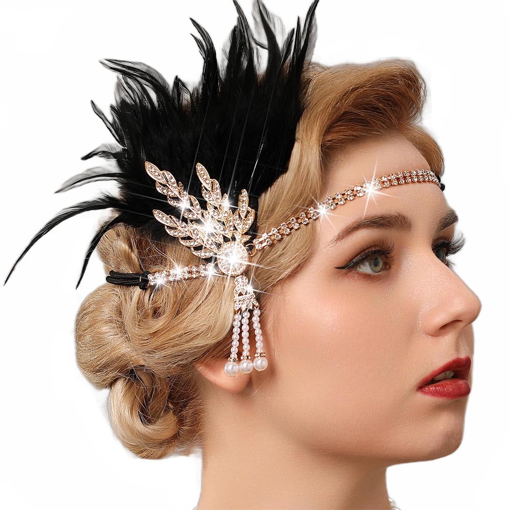BARTOSI 1920s Flapper Feather Headband Roaring 20s Headbands Art Deco Headpiece Feather Hair Accessories for Women