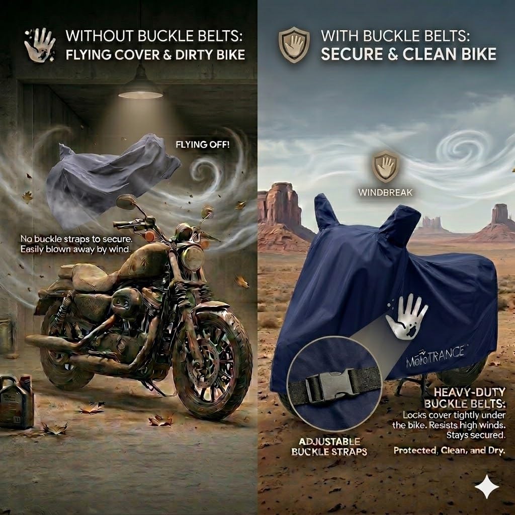 MoTotrance Blue Water Resistant Bike Cover for Royal Enfield Classic 350 | 99.9% Water Resistant & Dustproof | Mirror Pockets | Anti Scratch | Interlock Stitching | Buckle Belt | Two Wheeler Cover 1