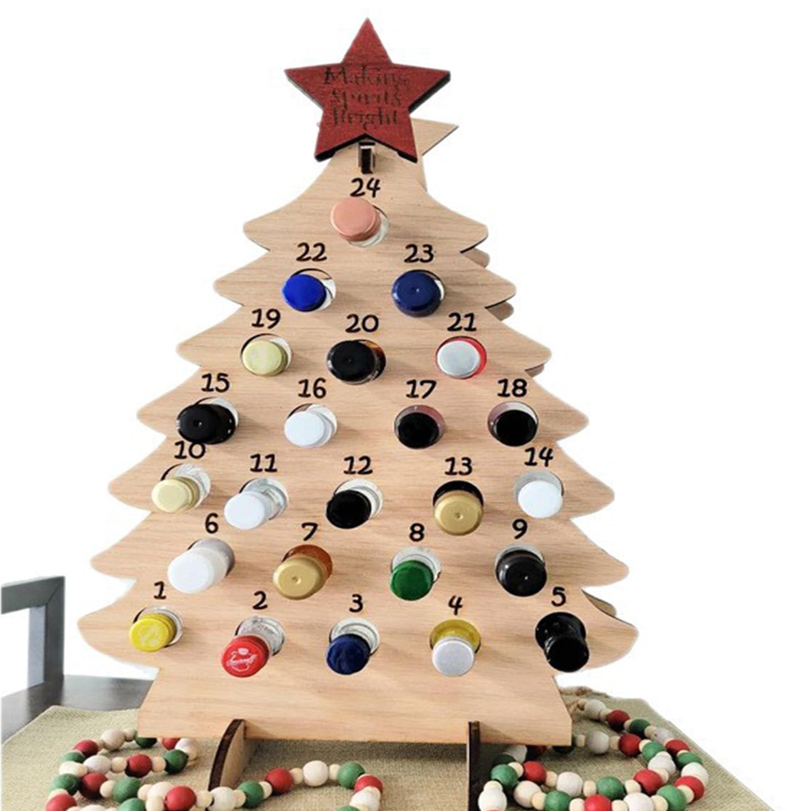 Weihnachts Count Down Displaybaum aus Naturholz für 24 Flaschen unterschiedlicher Größe, Weihnachtsdekoration für Familienfeiern, Miniatur Alkoholflaschen Adventskalender