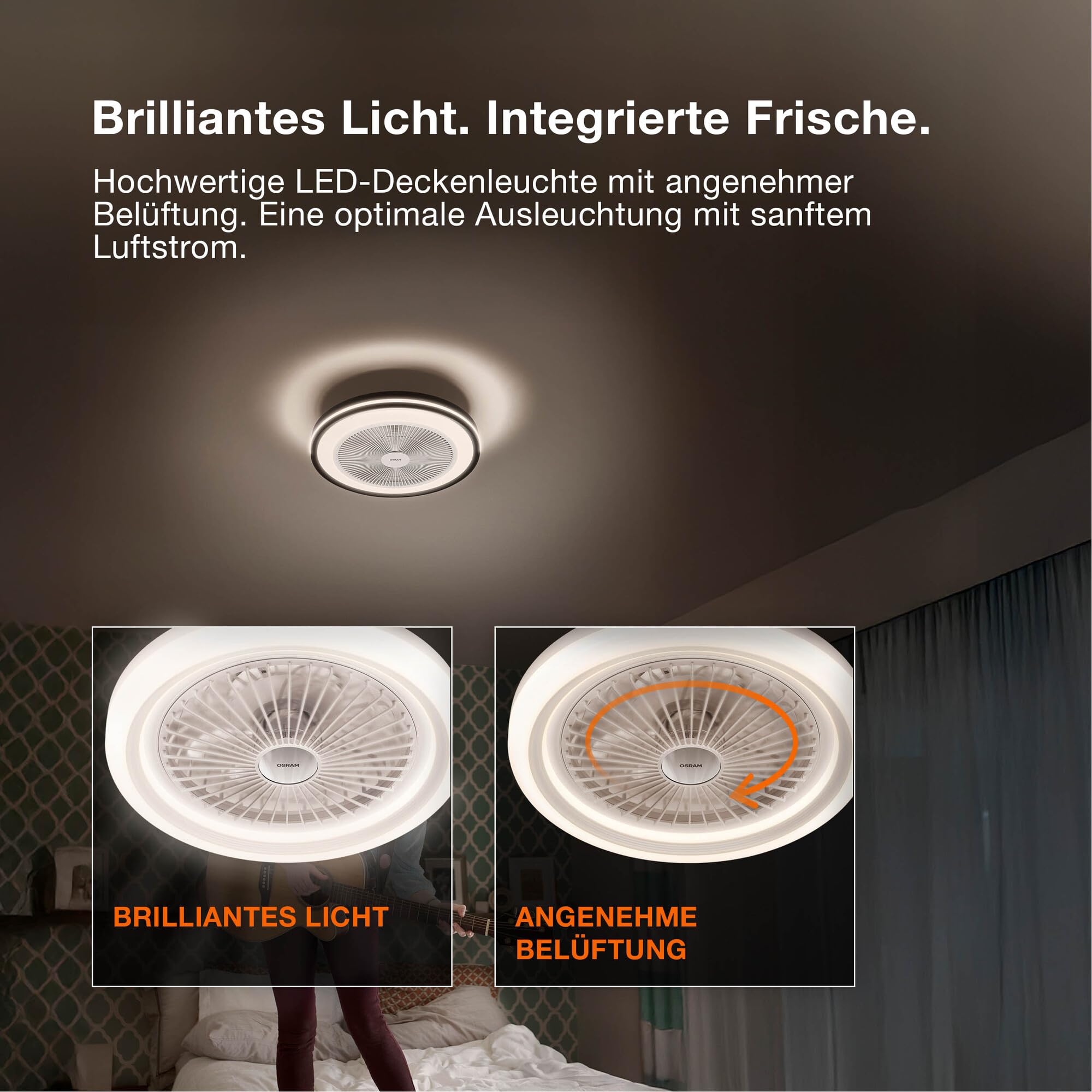 Osram LED-Deckenventilator Bayamo 590mm, 58 W, 2530 lm, CCT 3000-6500 K, RGB, 110° Abstrahlwinkel, 1935 m³/h Luftstrom, 50000 h Lebensdauer, dimmbar, Fernbedienung