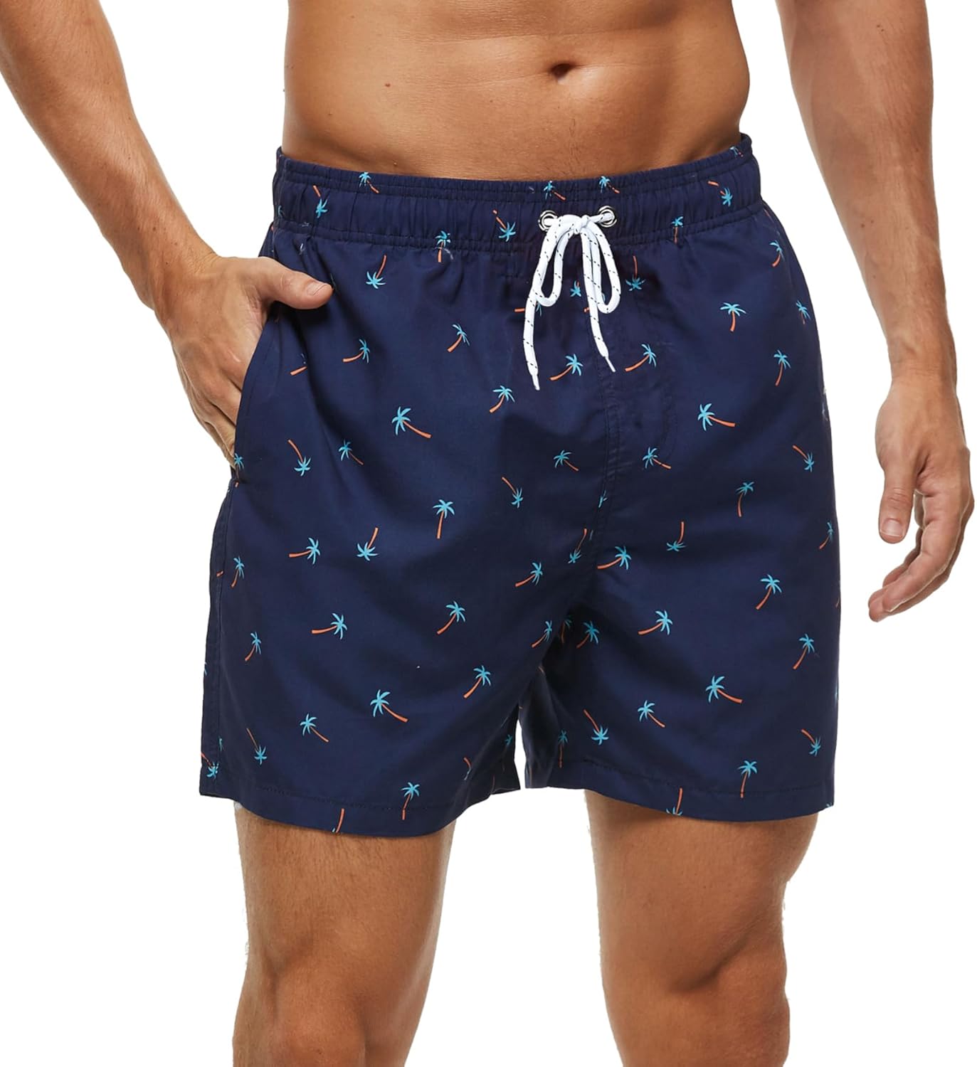 SILKWORLD Men's Swim Trunks Quick Dry Shorts with Pockets Coconut Tree/Navy X-Small