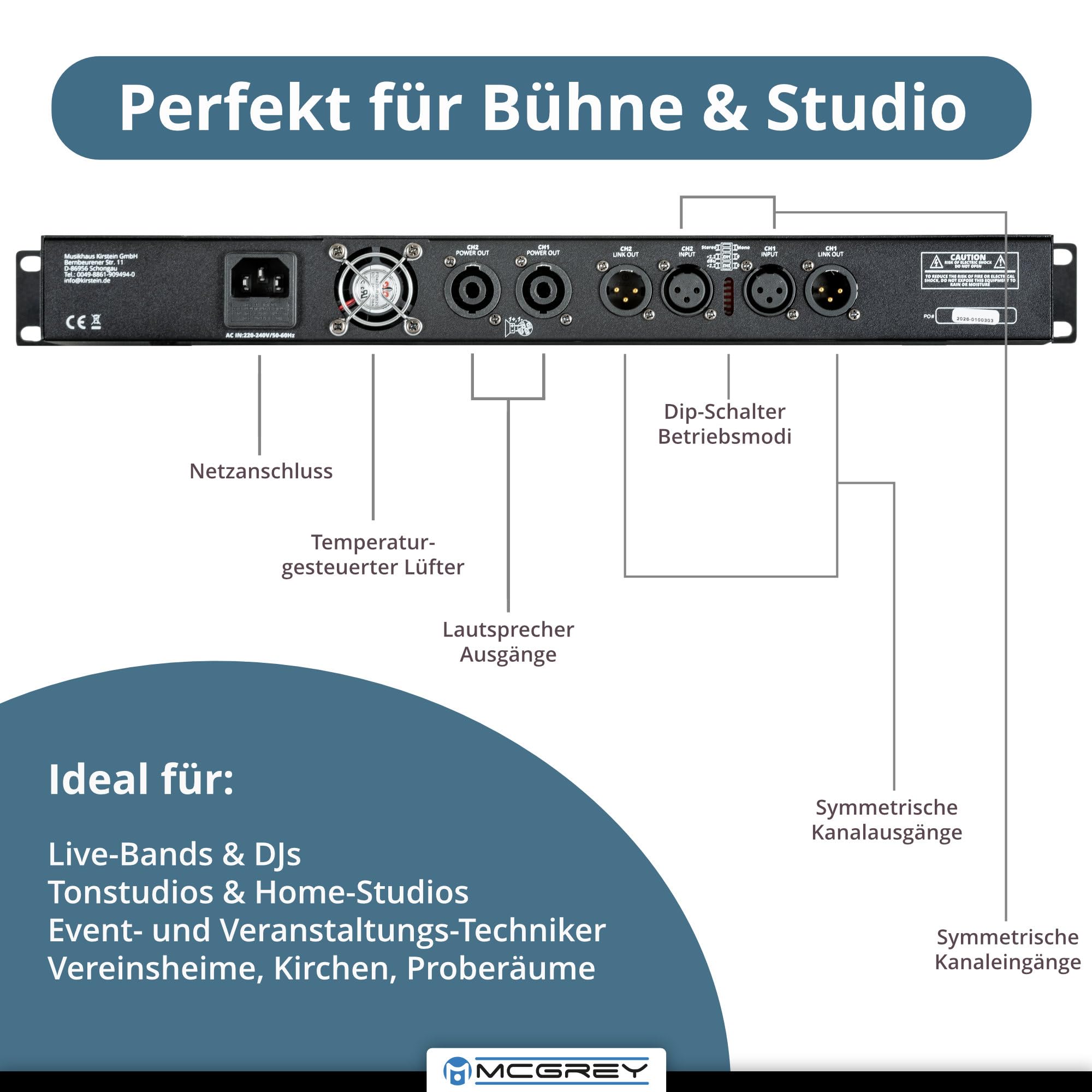McGrey PA-4502 Amplificatore 1U 2x450W Class-D, 2 canali, XLR/Speakon, protezioni, compatibile rack 19", leggero 2,8 kg — per band, DJ, eventi e installazioni fisse