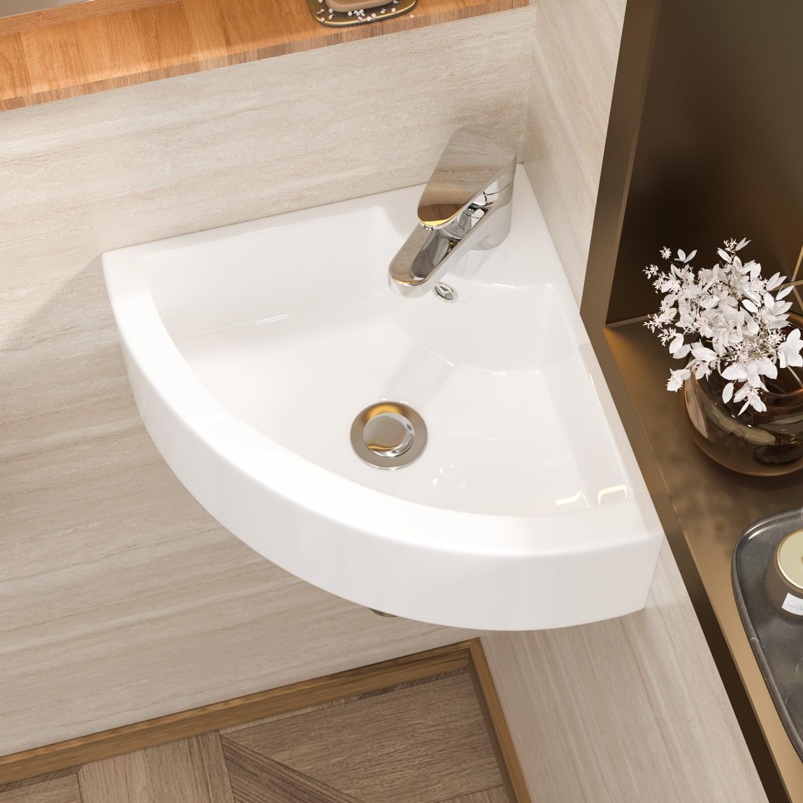 Wall Mount Bathroom Corner Basin Sink - Geworzi Cloakroom Basin, Corner Wall Hung Sink Hand Wash Basin, White Ceramic Bathroom Sinks Small Washbasin Modern Design for Cloakroom/WC/Toilet - 460x330x127