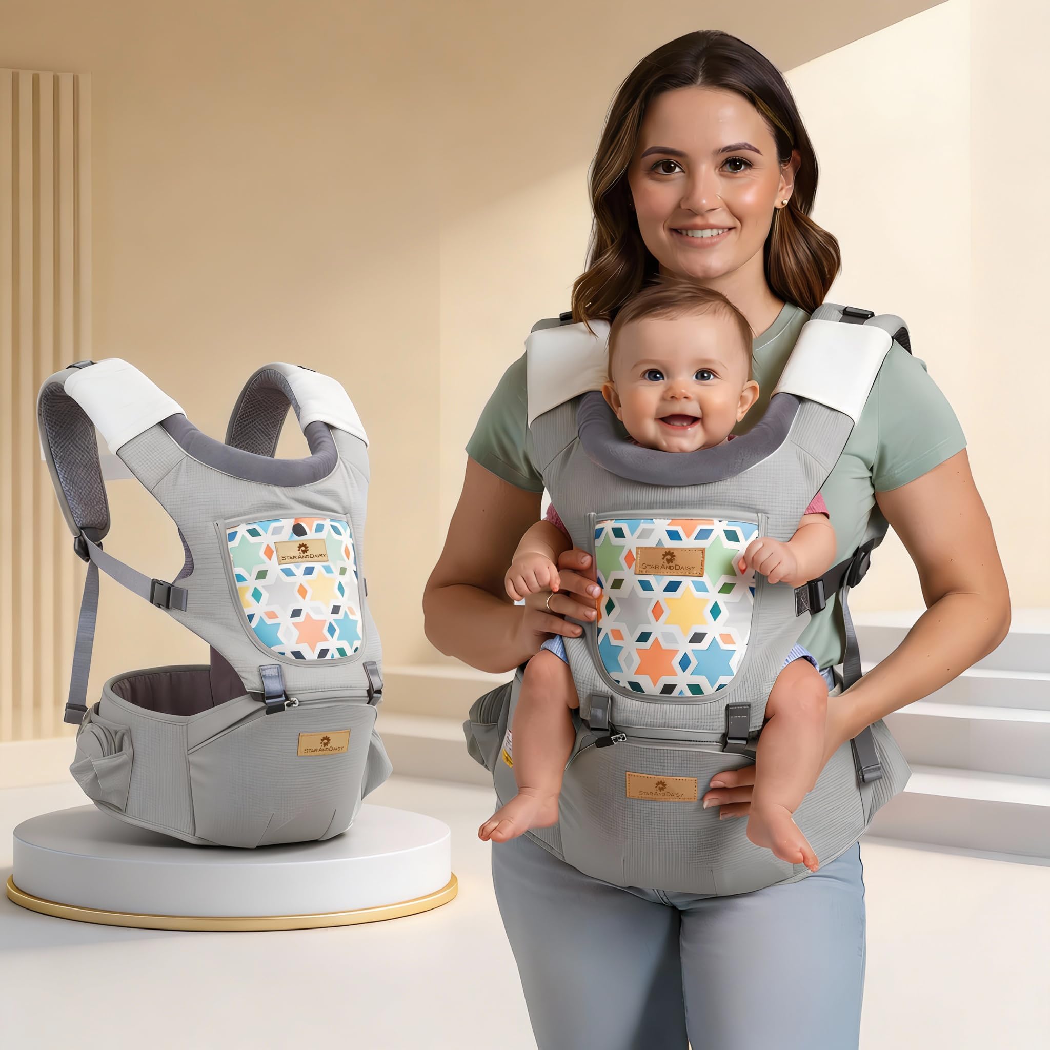 StarAndDaisy 4-in-1 Baby Carrier for 0 to 3 Year Baby/Kangaroo Bag with Comfortable Soft Hip Seat/Baby Carrier - 4 Carrying Positions, 2 Storage Pockets -Light Grey