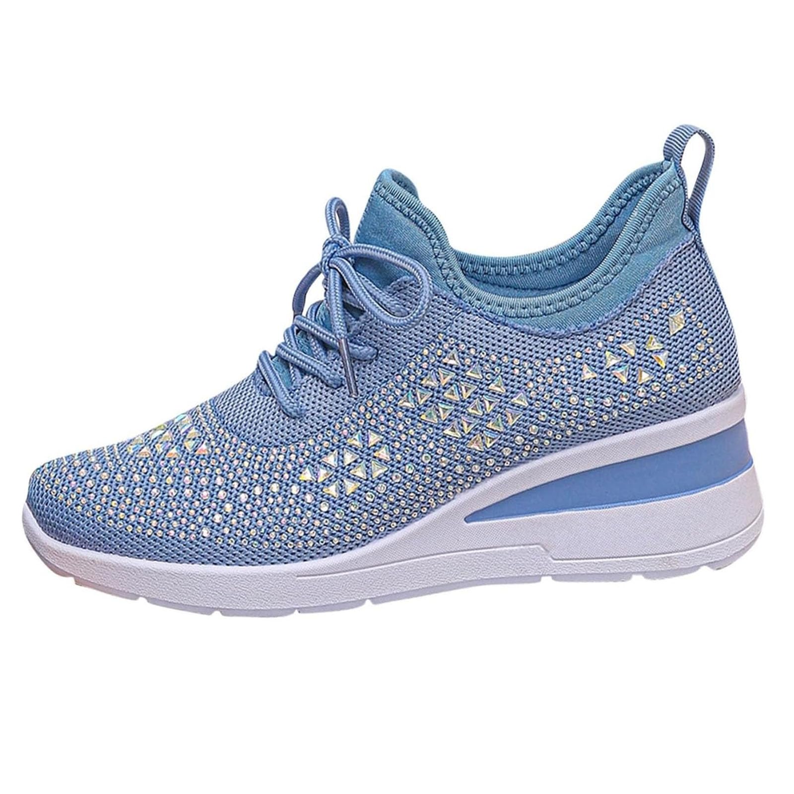Scarpe da ginnastica da donna con zeppa e strass, traspiranti, alla moda, con lacci e strass, con zeppa e plateau, scarpe da ginnastica da ginnastica, blu cielo, 35.5 EU