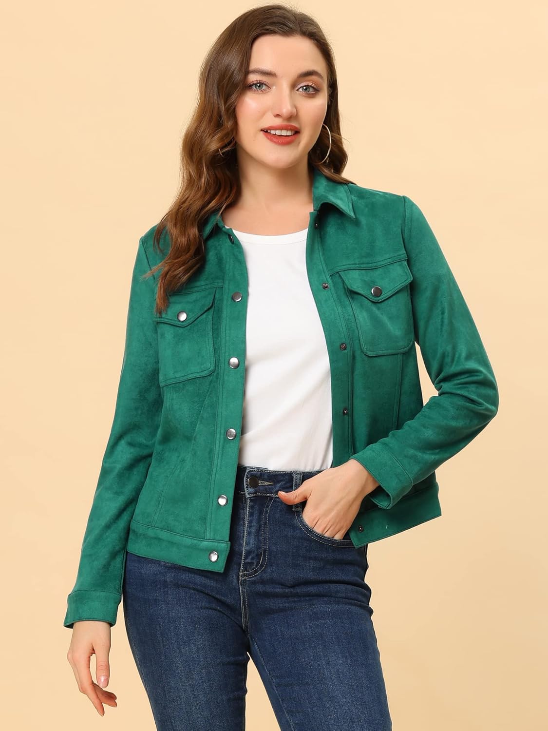 Allegra K Women's Faux Suede Turn-Down Collar Shacket Flap Pockets Snap Button Western Jacket - Image 3