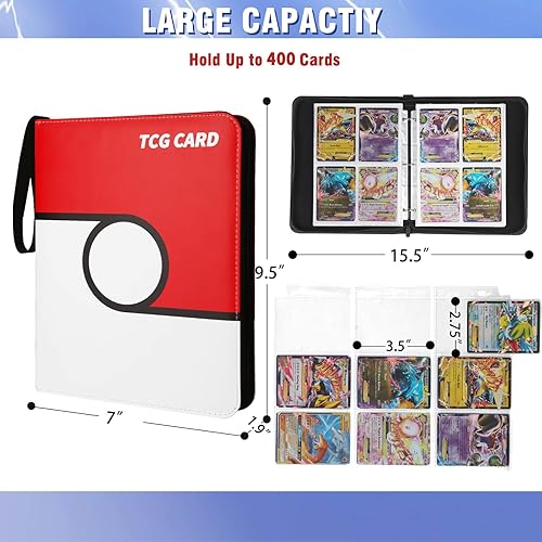 Miniatura 3 de Carpeta de tarjetas de 4 bolsillos, 400 bolsillos, portatarjetas portátil con 50 fundas para coleccionista, TCG-Rojo