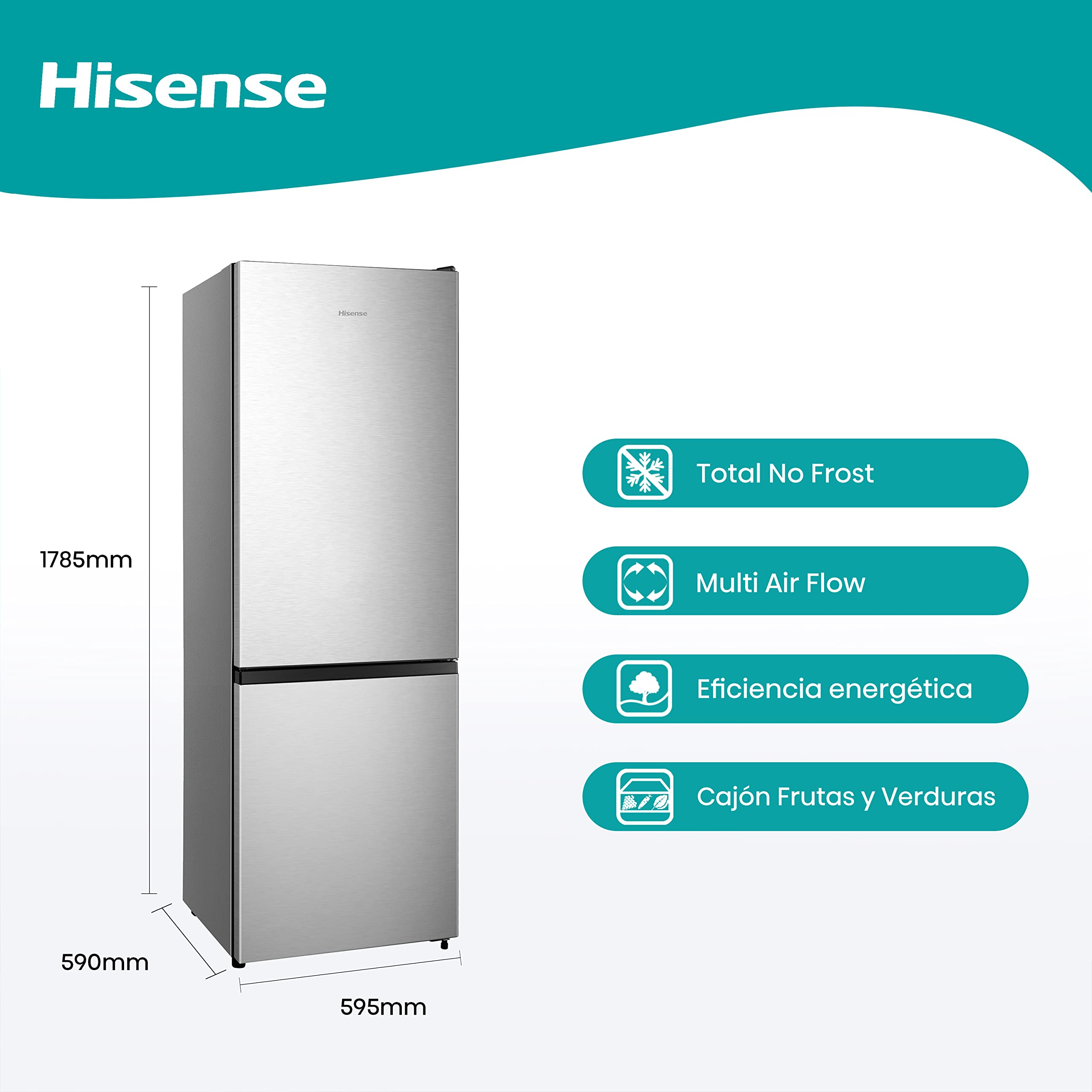 Hisense RB372N4ACE - Frigorífico Combi, Eficiente Clase E, Capacidad 292 L con 180 cm Alto, Cajón Verduras, 4 Estrellas Congelador, Puerta Reversible, Silencioso 39dB, Color Acero, Inox
