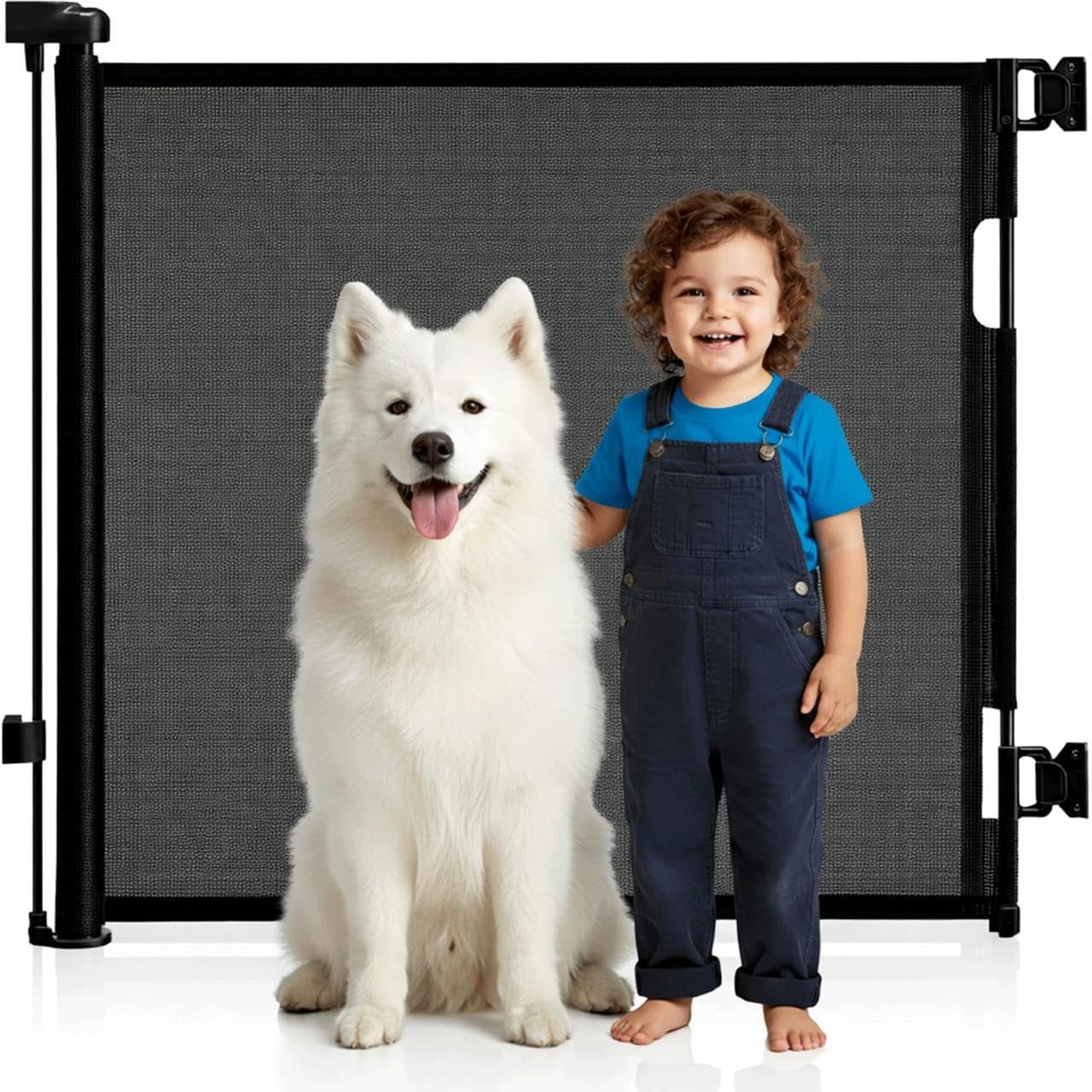 TRAYLIX Retractable Stair Gate for Baby & Dogs | 86cm Tall Extends to 150cm Wide | Mesh Baby Gate for Stairs, Doorways & Hallways | One-Hand Operation Indoor & Outdoor Child Safety Gate | Black