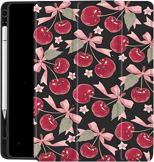 CraftedCYCute Cherry Bow Case for Ipad 10Th 10.9" Retro Black Cover Foripada16 11" 2025 Auto Sleep/Wake Adjustable &Pencil Holder Flowers Anti-Slip Shockproof Shell Girl Women