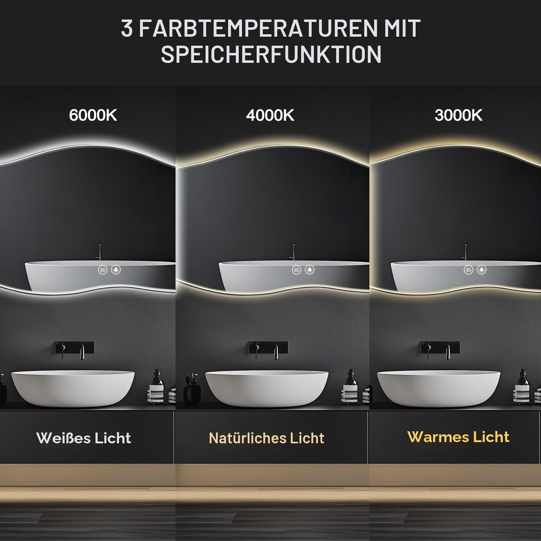 Badspiegel mit Beleuchtung 120x60cm 3 Lichtfarben Memory Entfeuchtung