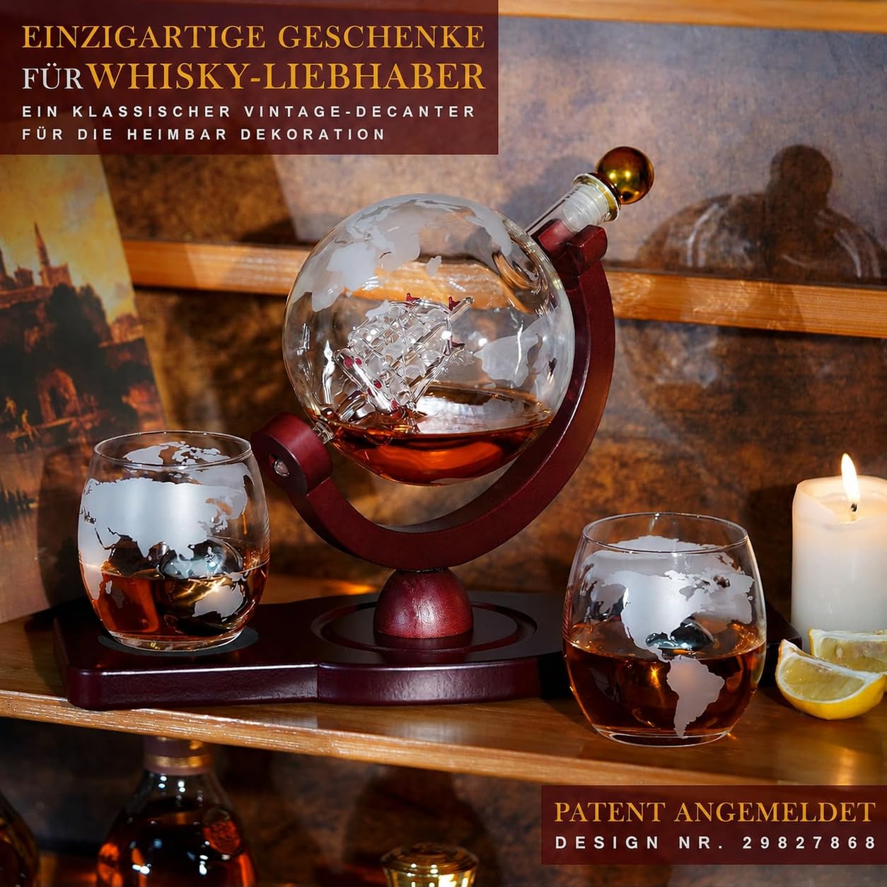 PONPUR Whisky Karaffe Set - Whiskey Geschenkset - Globus Dekanter 850ML, Geschenkbox, 2 Gläser, 2 Whisky Steine, Geschenke für Männer, Männergeschenke, Geburtstagsgeschenk Mann