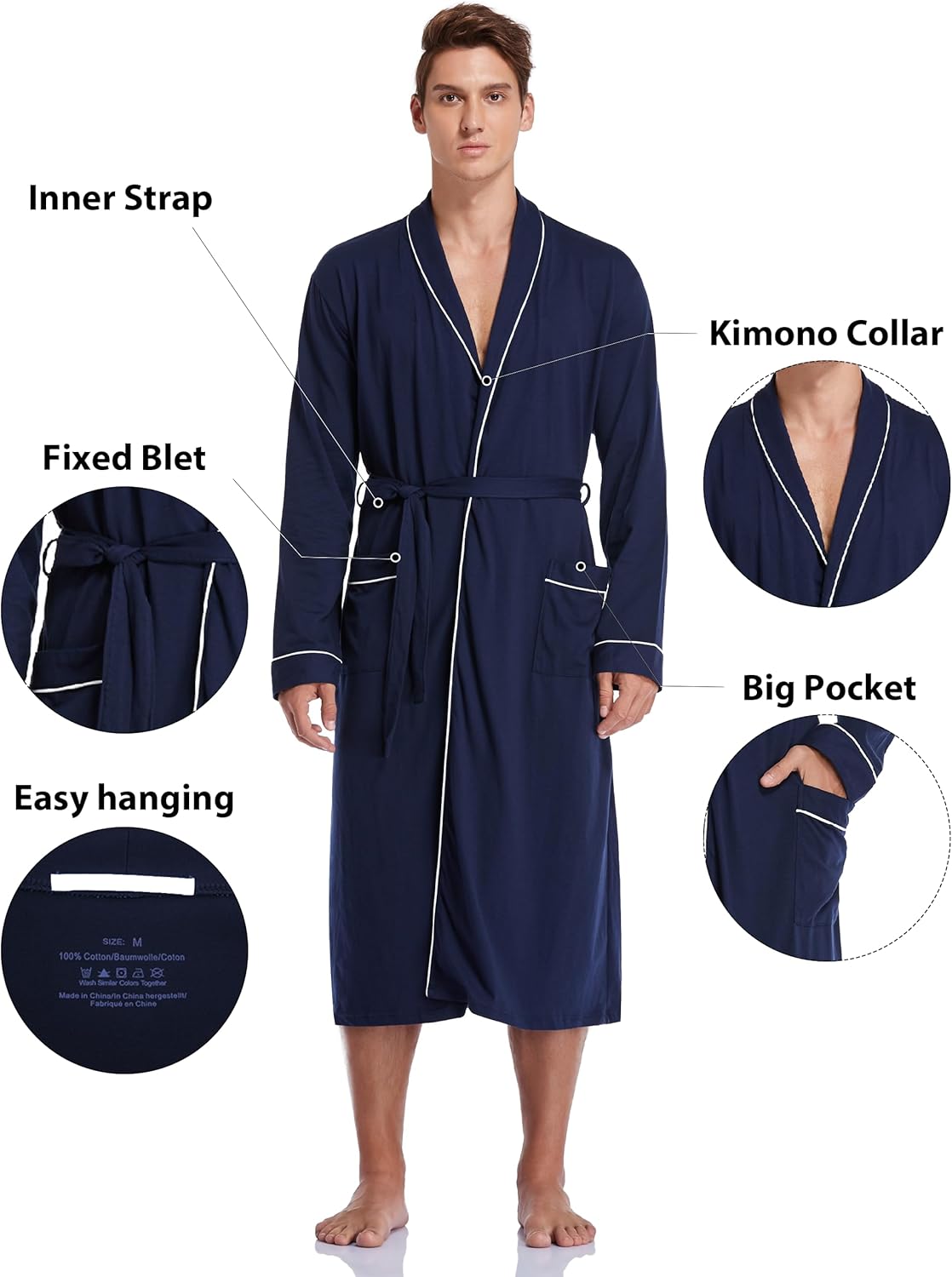 CF Men's 100% Cotton Robe Lightweight Bathrobe Long Sleeve Knit Kimono Sleepwear Soft Knee Length Shower Robe with Pockets
