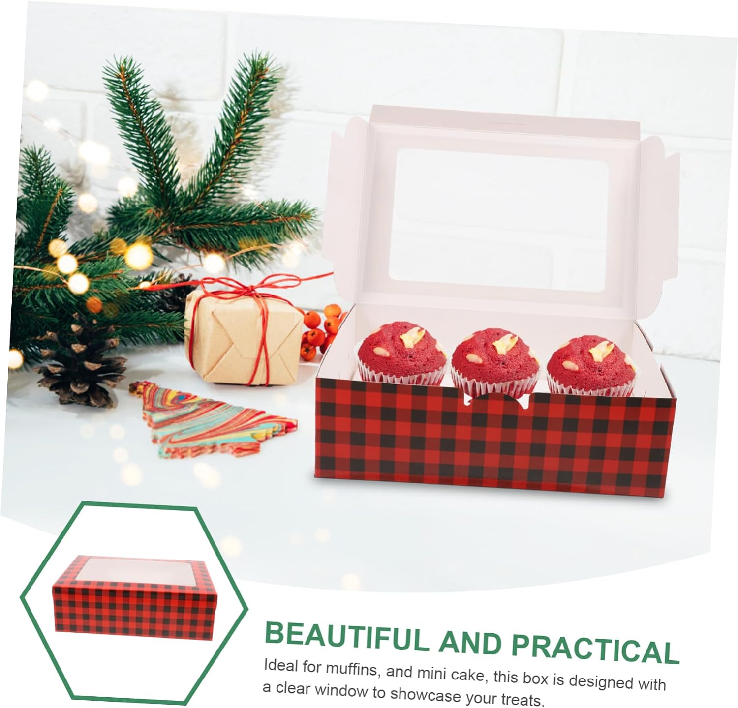 12pcs Christmas Muffin Cupcake Boxes with Window Sturdy Treat Packaging for Baked Goods Robust Mini Cake Carrier for Holiday Party Favors
