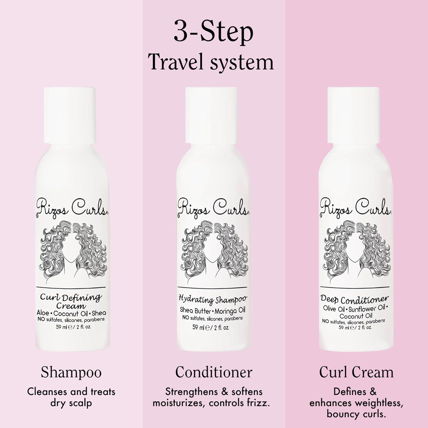 Rizos Curls Trio Travel Curl Kit, Includes Travel Hydrating Shampoo, Travel Deep Conditioner, Travel Curl Cream, Gently Cleanse, Hydrate and Style, For All Curl Patterns 2a - 4c, 3 pack of 2 oz - Image 2