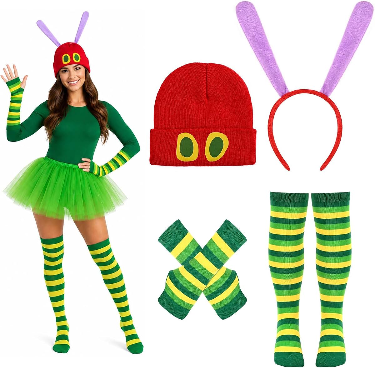 JcHrmers Caterpillar Costume Accessories Set for Adults Women, Red Knit Beanie Hat, Purple Antenna Headband, Green Yellow Striped Arm Warmers and Knee High Socks for Halloween Party Cosplay
