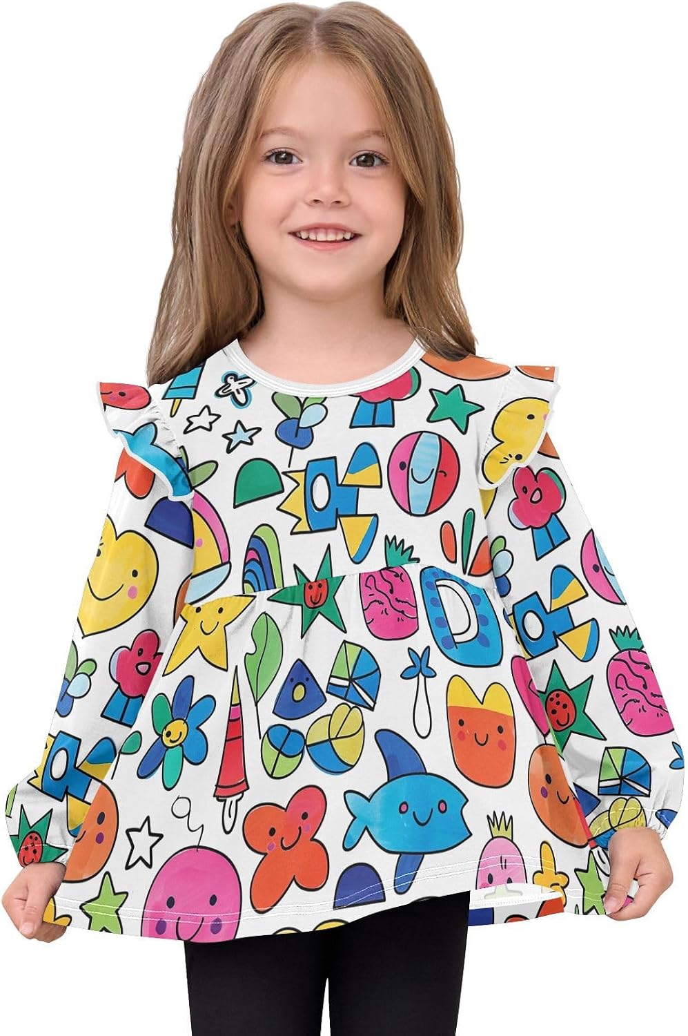 visesunny Toddler Clothes for Girls Graffiti Symbol Design Long Sleeve Fall Shirts Cotton Top with Ruffle Collar
