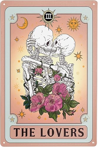 Kissing Lover Tarjeta del tarot de metal, letrero de hojalata de calavera rosa, tapiz de 12 x 16 pulgadas, decoración de pared retro, sol, luna,