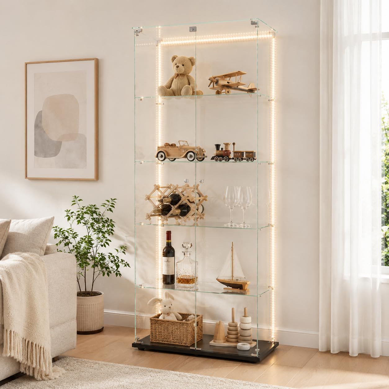 Vitrine en Verre avec LED,Armoire vitrine pour Collection avec 2 Porte 5 étagères Transparent Meuble Vitrine Verre vitrines Figurine Armoire Salon Bar (5 étages 2 Porte+LED-1, Noir)