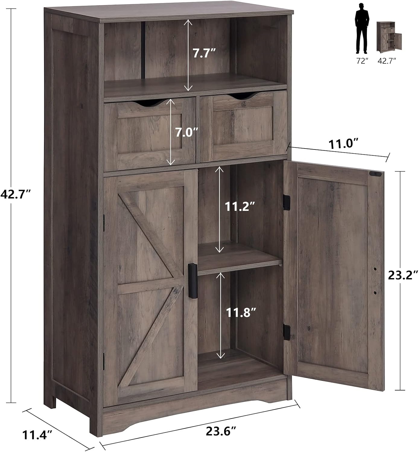 WEENFON Floor Storage Cabinet with 2 Adjustable Drawers & 2 Barn Doors, Standing Cupboard with 2 Shelf, for Living Room, Home Office, Kitchen,Rustic Oak