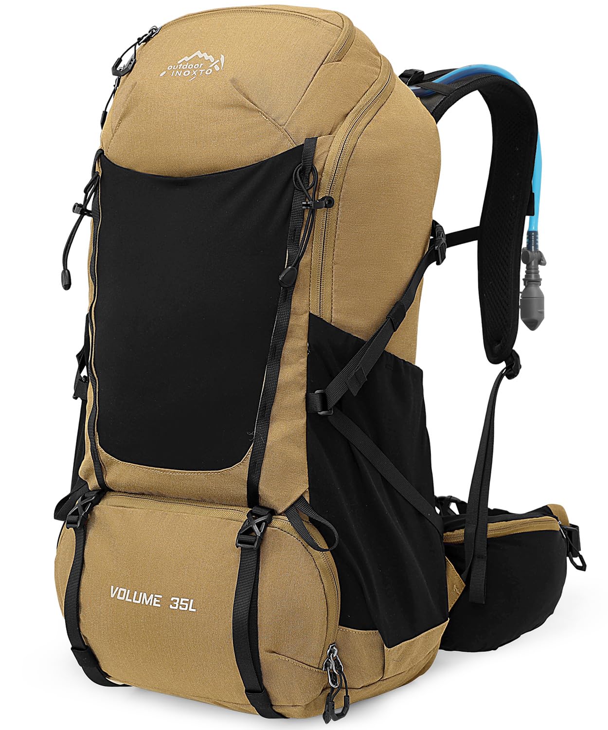 INOXTO Wanderrucksack Herren Damen,35L wasserdichtes leichter Wanderrucksäcke mit 3L Wasserbeutel mit Regenschutz für Bergsteigen, Wandern, Camping, OutdoorSportarten (Khaki Schwarz)