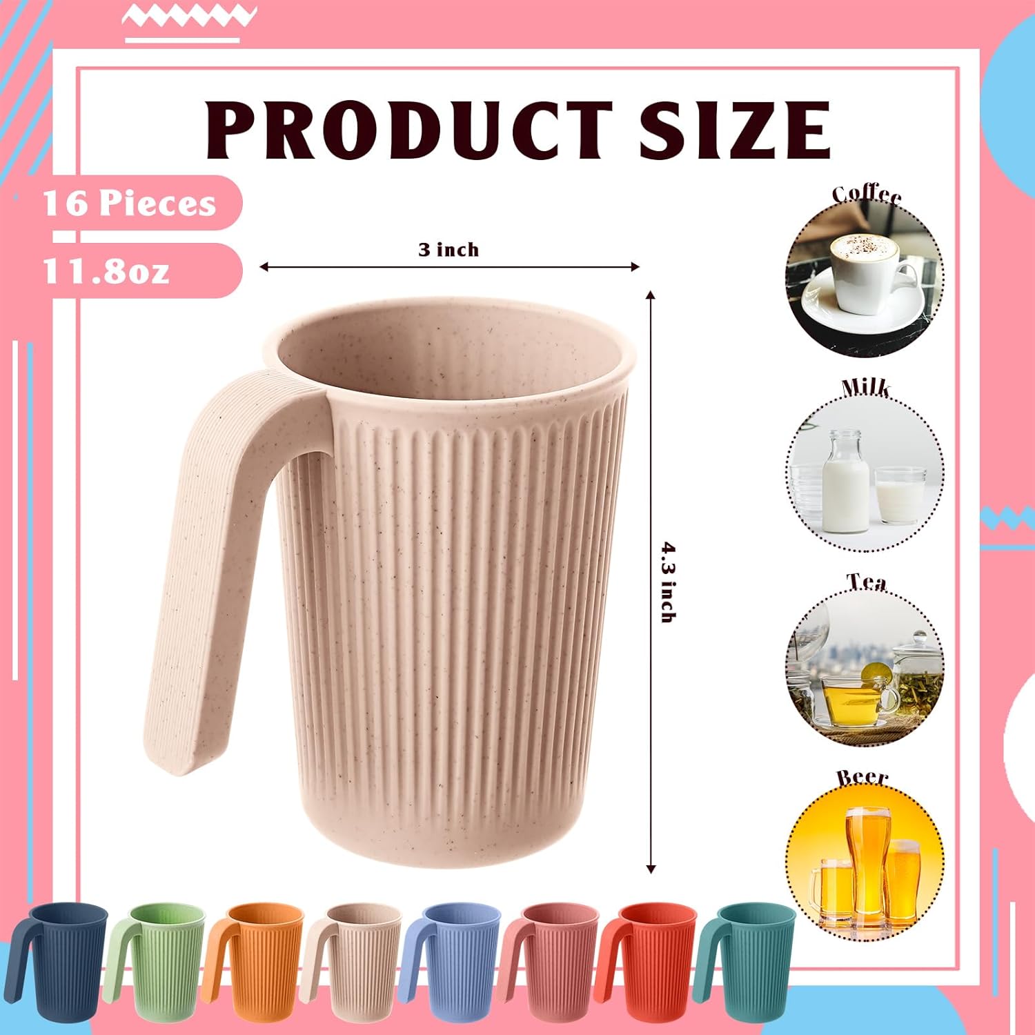 Dandat 16 Pcs Wheat Straw Cup with Handle Colorful Wheat Straw Mug Stackable Plastic Coffee Cups 12oz Unbreakable Reusable Plastic Coffee Mug Dishwasher Safe for Milk Tea,4.3x3 Inch (Light Color) - Image 2