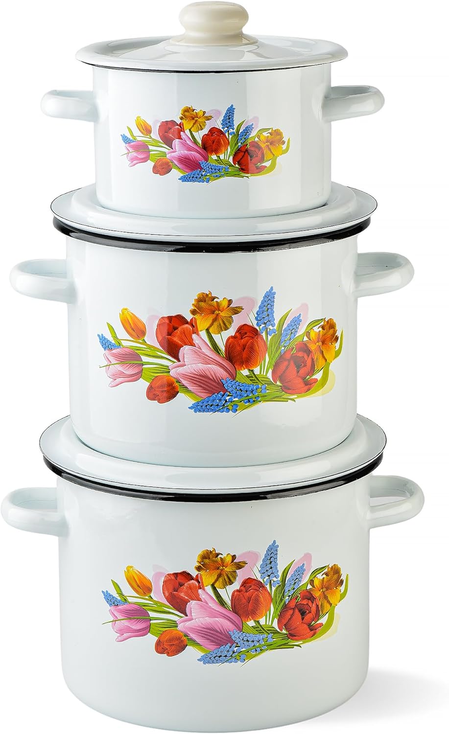 Enamel Pot with Lid Set of 3 pcs 2.1 Qt, 4.8 Qt, 5.8 Qt Enamel Cooking Pot with Enamel Lid, Soup Pots, Enameled Steel Stockpot, Enamel Casserole Set, Induction Safe, Dishwasher Safe (Spring Bouquet)