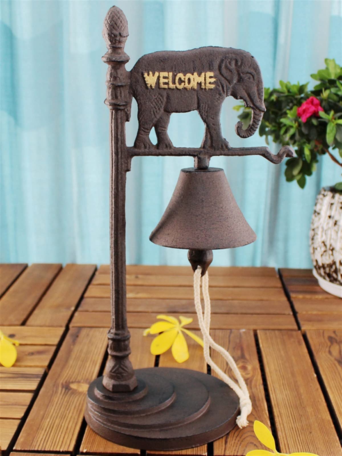 Timbre de puerta de hierro fundido Campanas de puerta Colgando Campana de servicio de mesa de elefante de hierro fundido vintage con carteles de bienvenida dorados en la barra de café europea Campanas