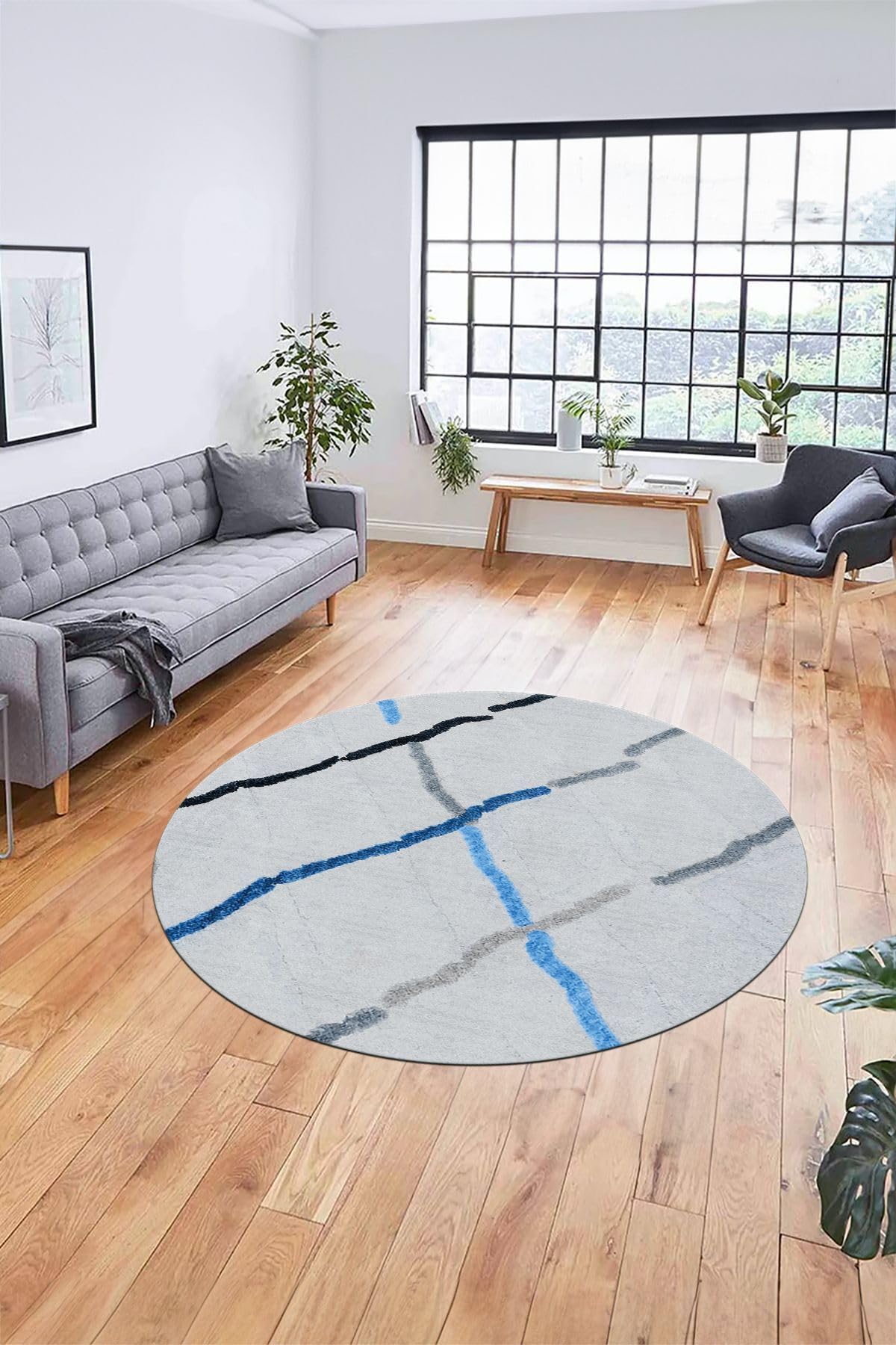 Evdeya Şık Sade Modern Desenli Dijital Kaymaz Taban Yıkanabilir Yuvarlak Mutfak Salon Halısı Y-MODERN-73, Mavi, 100 x 100