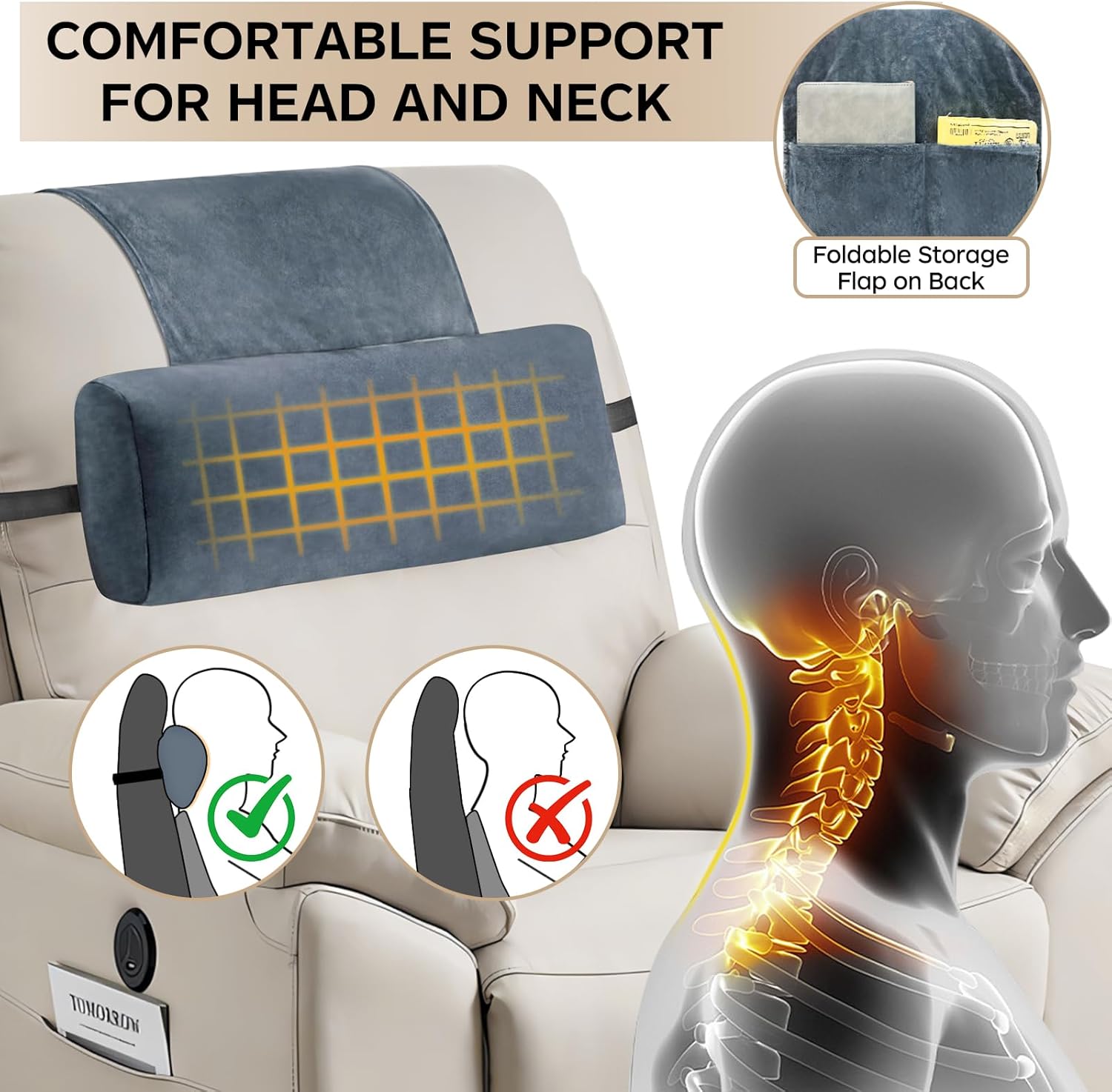 Recliner Head Pillow 3-in-1 Non-Slip Headrest Pillow for Recliners and Armchairs Adjustable Lumbar Neck Support Pillow for Recliner, Velvet Recliner Pillows for Headrest with Strap Cover