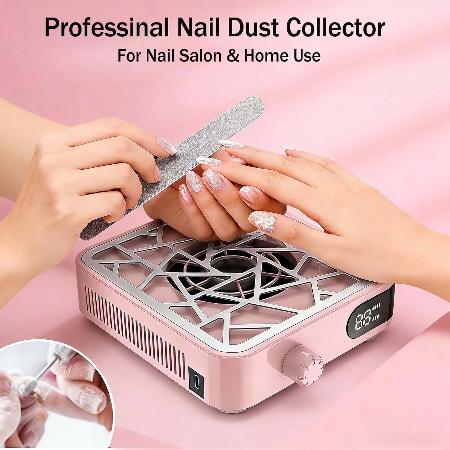 Compact Nail Dust Collector-6000RPM Vacuum Dust Collector Fan with Filter Papers (30 Pcs) Auto Suction System, Powerful & Quiet Cordless Nail Vacuum for Salon, Home, and Training-Pink (Pink)