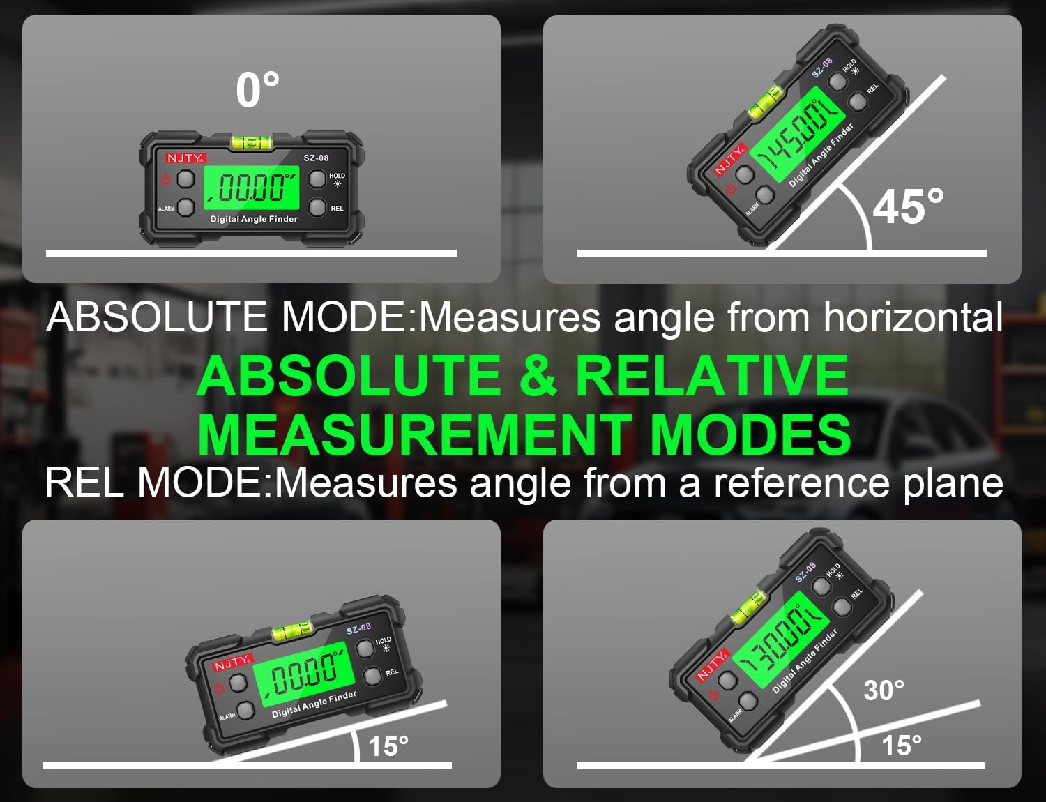 NJTY Digital Inclinometer SZ-08 demonstrating Absolute Mode measuring angles from a horizontal plane (0, 15, 30, 45 degrees) and Relative Mode measuring angles from a user-defined reference plane.