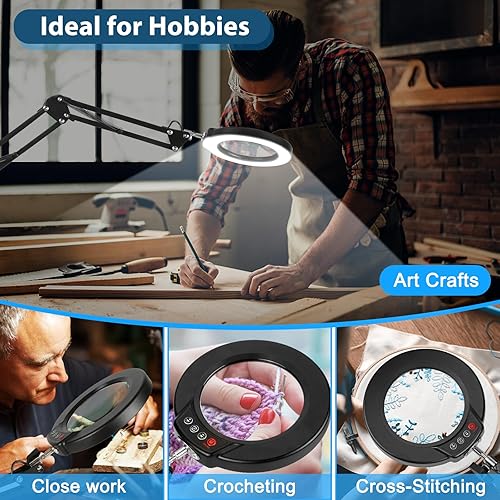 Miniatura 7 de Lupa 10X con luz y abrazadera, 5 modos de color, lupa iluminada de cristal real regulable sin escalones, lámpara de escritorio con lupa LED manos