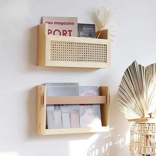 Miniatura 2 de FIRADE - Estante de pared de madera con rejilla de ratán de polietileno, tamaño 17.3 x 4 x 9.4 pulgadas, soporte para archivos para entrada, sala de