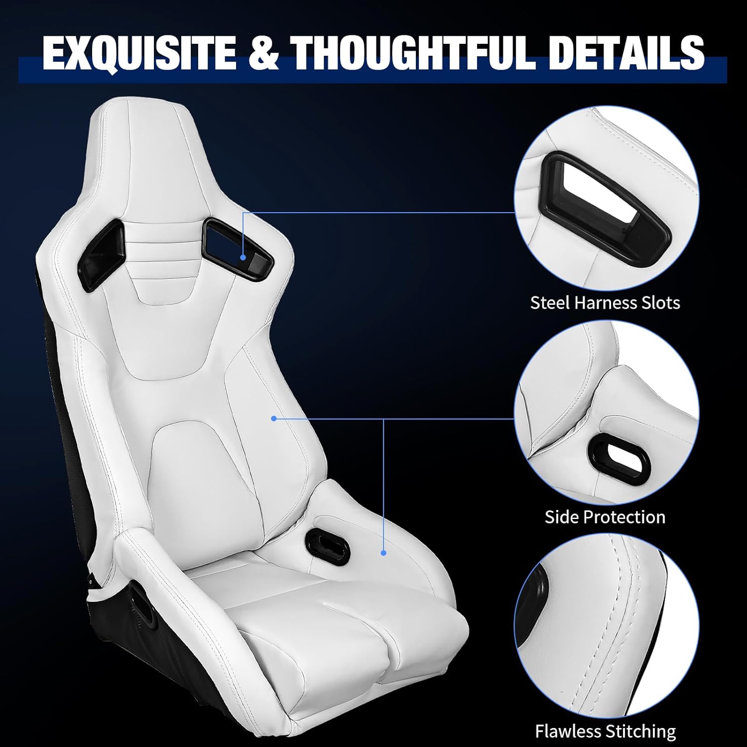 FREEMOTOR802 Racing Seat with Dual Lock Slider, Universal For Most Cars Vehicles First Row, Left Driver Side Reclinable Sport Bucket Seat, PU Carbon Fiber Look Leatherette, White