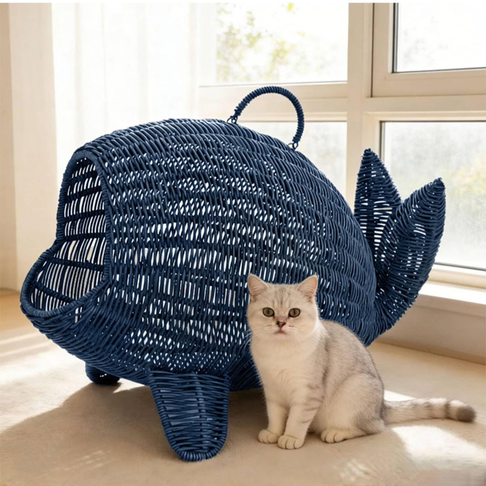 Cuccia a Forma di Mammifero Marino Morbido Cuccia Effetto Rattan Intrecciato Traspirante Cesto Gatti Vimini