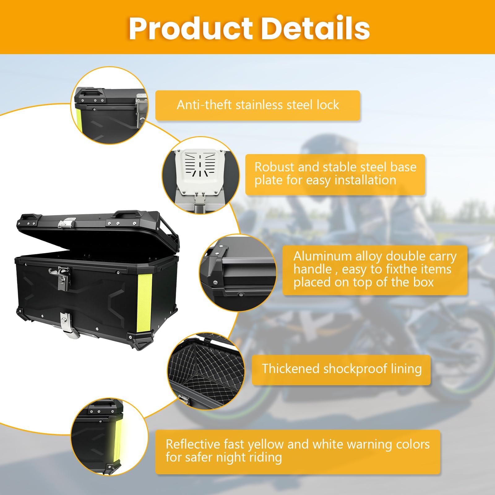 NBYTLT 65L Motorcycle Top Case, Aluminum Luggage Box with Lock & 4 Keys, Universal Black Tail Trunk with Baseplate Waterproof, Tail Box with Security Lock for Most Frames — view 6