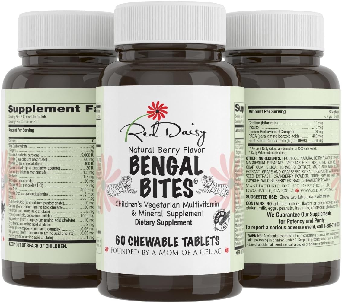 Red Daisy's #1 Recommended Children’s Chewable Multivitamin Bengal Bites - Gluten Free and 100% Celiac Safe - Full Satisfaction Guaranteed – Natural Berry Flavor – 20 Essential Vitamins and Minerals