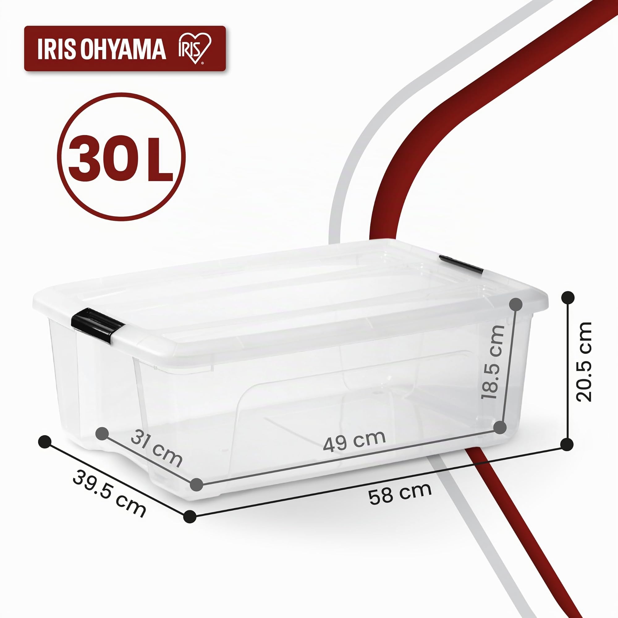 Iris Ohyama 6 Cajas de almacenamiento con tapas, 30L, Transparente, Clips de Cierre, Duradero, Apilable, para Dormitorio, Armario, Oficina, Organizadora, Ropa, Libre de BPA, NTB-30