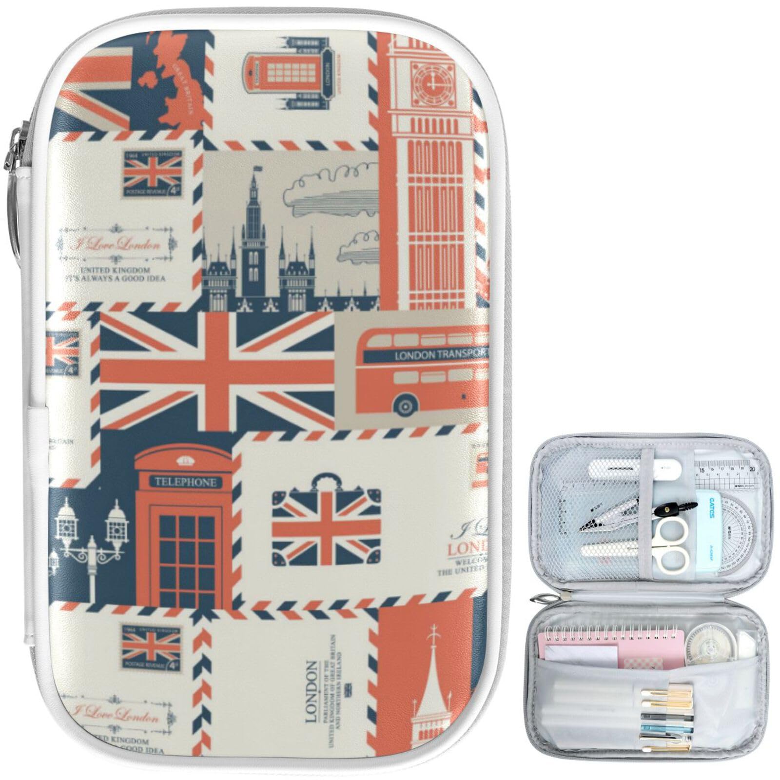 ZZKKO Retro Uk London Marble Pencil Bag Case Zipper Pencil Holder Organizer Stationary Pen Bag Cosmetic Makeup Bag Pouch Purse for School Office Supplies