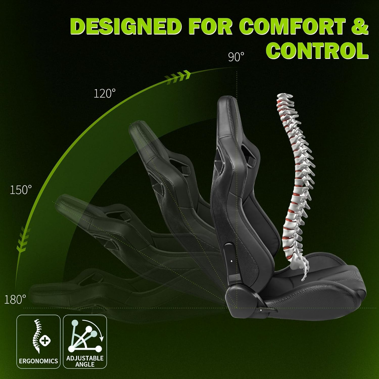 Universal Pairs of Racing Seat with Dual Sliders, PU Leather Front+Carbon Leather Back Reclinable Bucket Seat, Black+Black Stitch