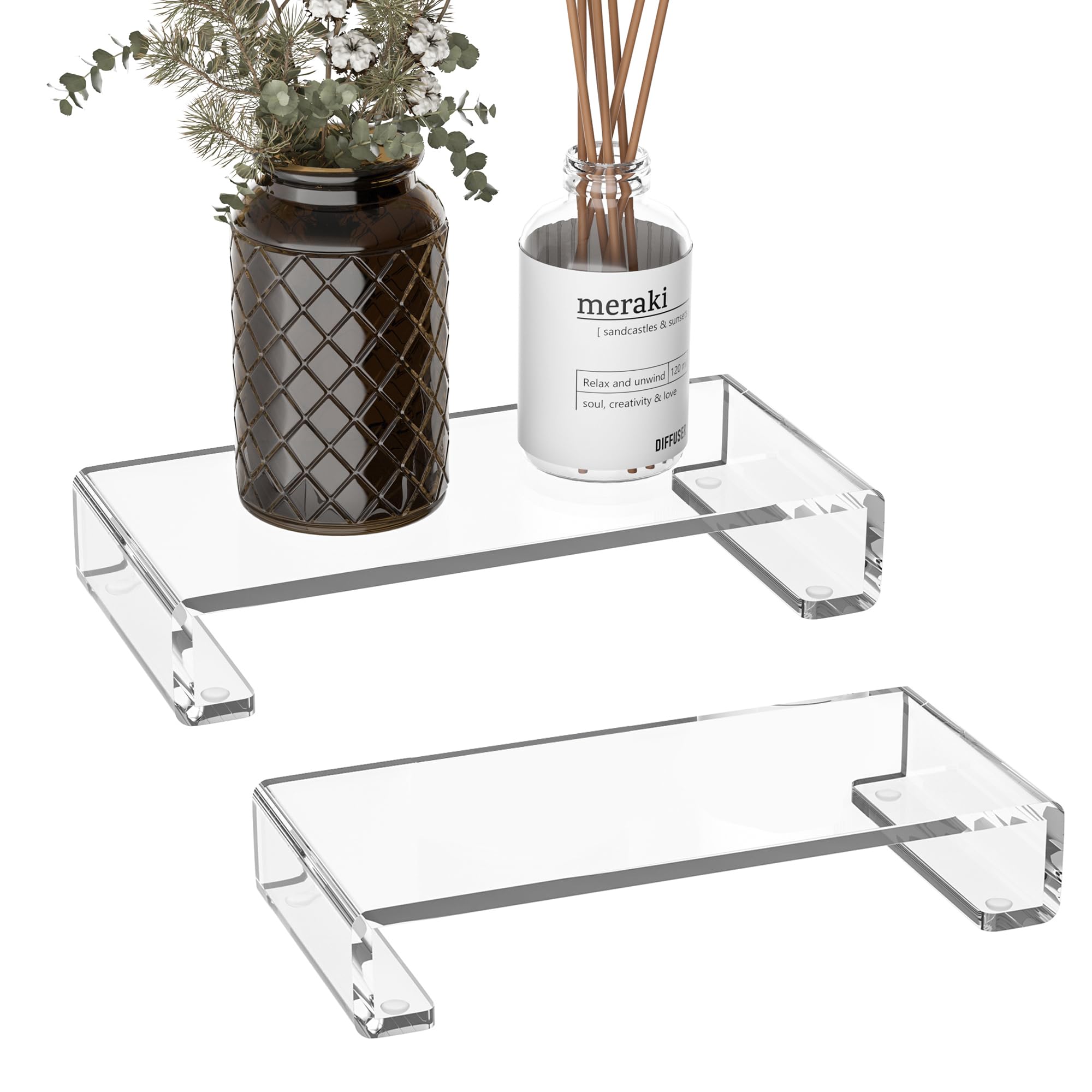 Sezanrpt Acrylic Tray Pedestal Stand Bathroom Décor, Crystal Clear Display Risers Kitchen Resist Dirt and Moisture, Soap Dish Holder for Counter, Sink, Vanity, 8.66'' x 3.9''