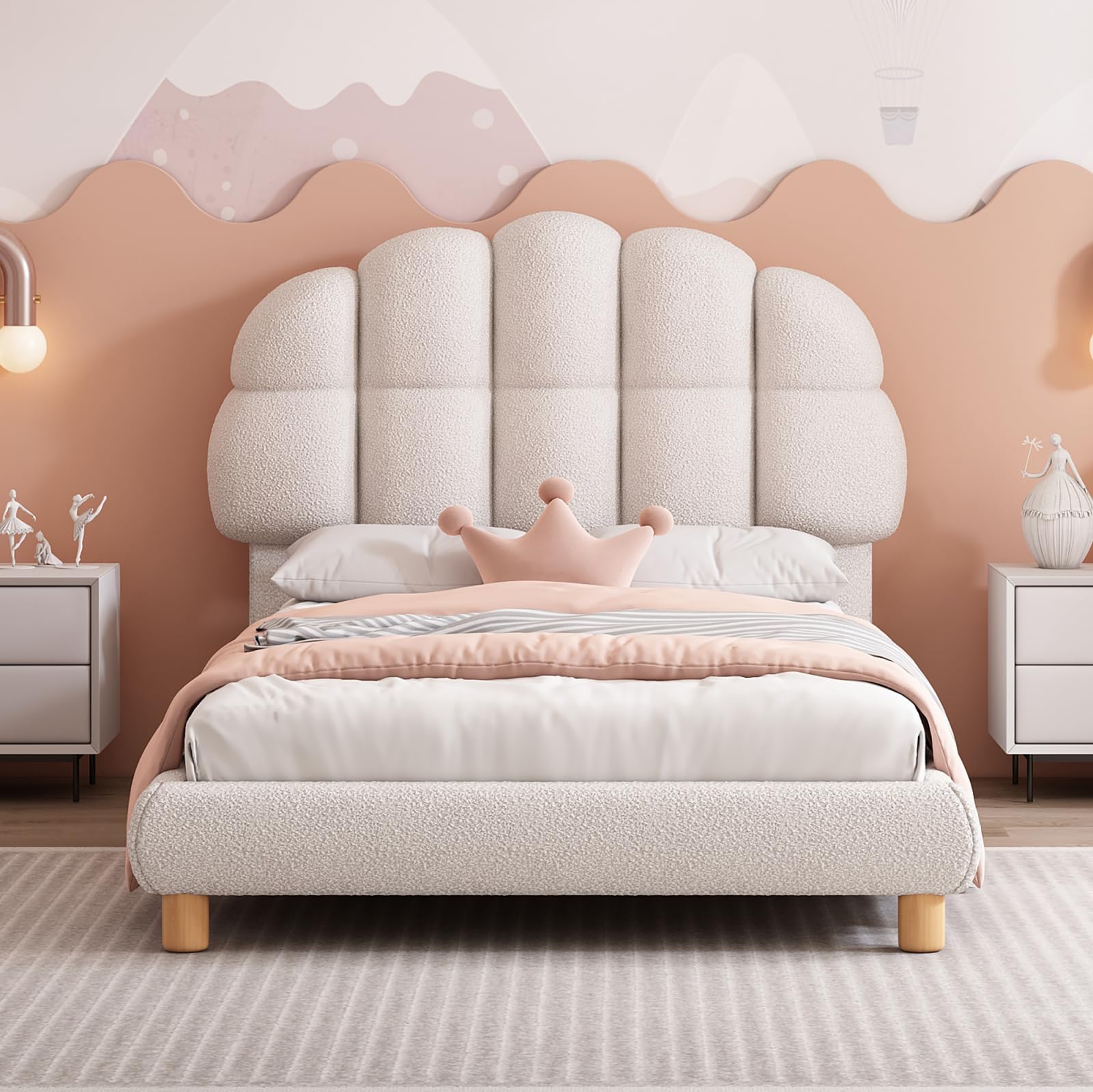 Mädchen Kinderbett 90x200cm mit Verstellbares Kopfteil, Einzelbett Polsterbett Bettgestell mit Lattenrost aus Holz, Einfache Montage, Kreisvlies, Ohne Matratze